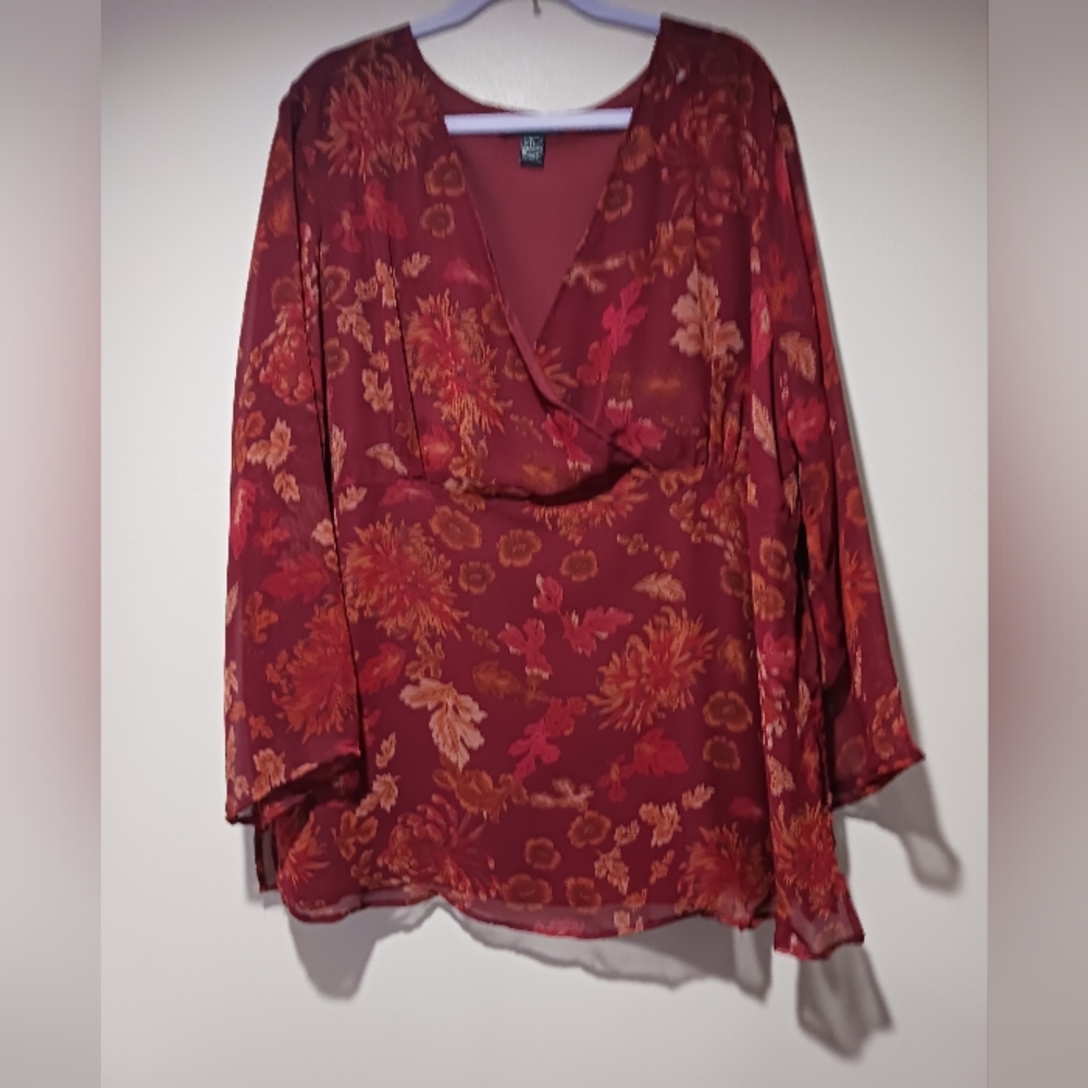 Final $4 Club Z "Ladies Sheer Overlay Long Sleeve Empire Top Sz. 2X Wine